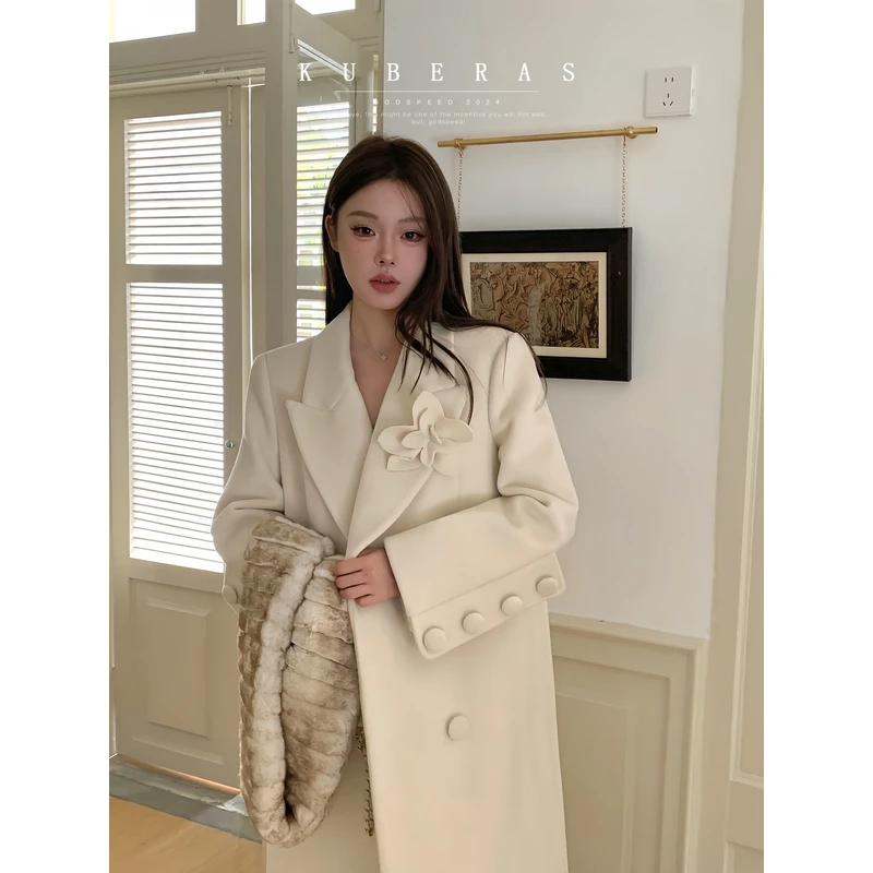 KUBERAS 90白鸭绒羽绒内胆加厚西装宽松中长过膝毛呢大衣呢子外套