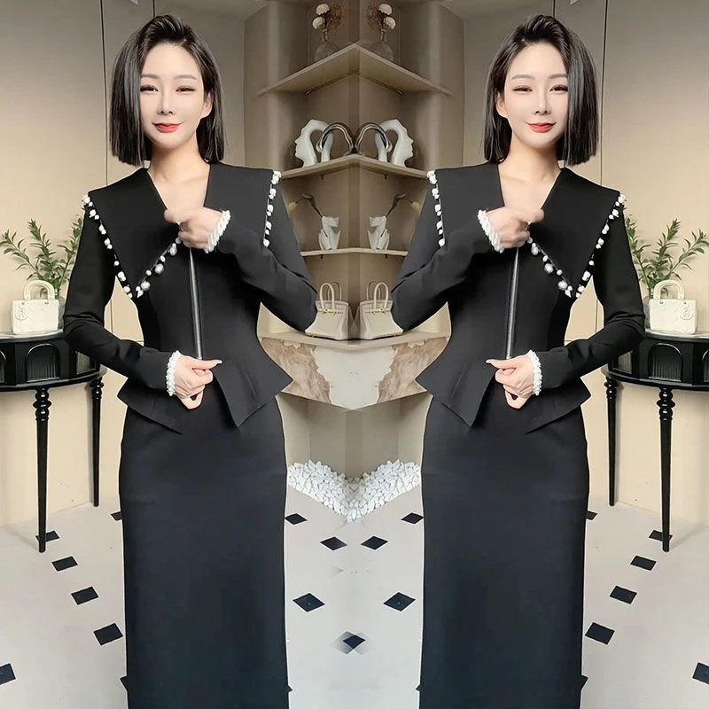 1032法式轻奢时尚套装2025秋新款收腰显瘦钉珠翻领拉链上衣半身裙