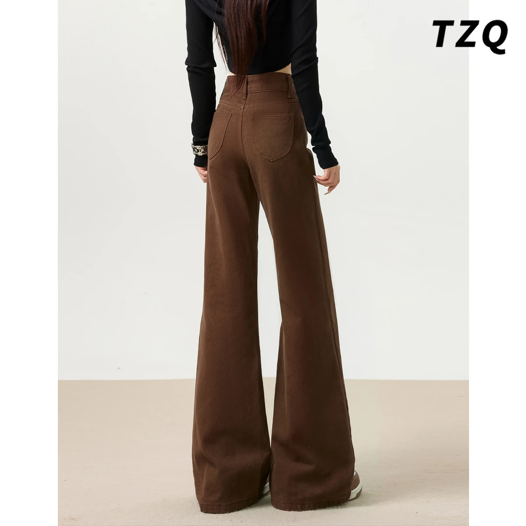 棕色牛仔阔腿牛仔裤女2025秋拼接显腿长显瘦微喇拖地裤TZQ2582660