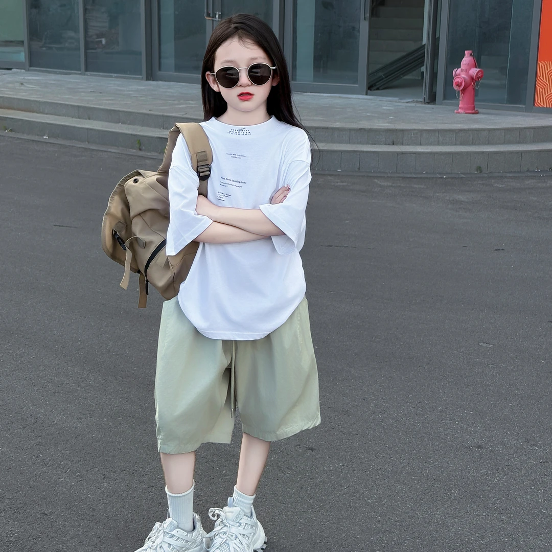 儿童夏季新款2025宽松韩版潮牌印花休闲T恤美式阔腿休闲裤套装潮