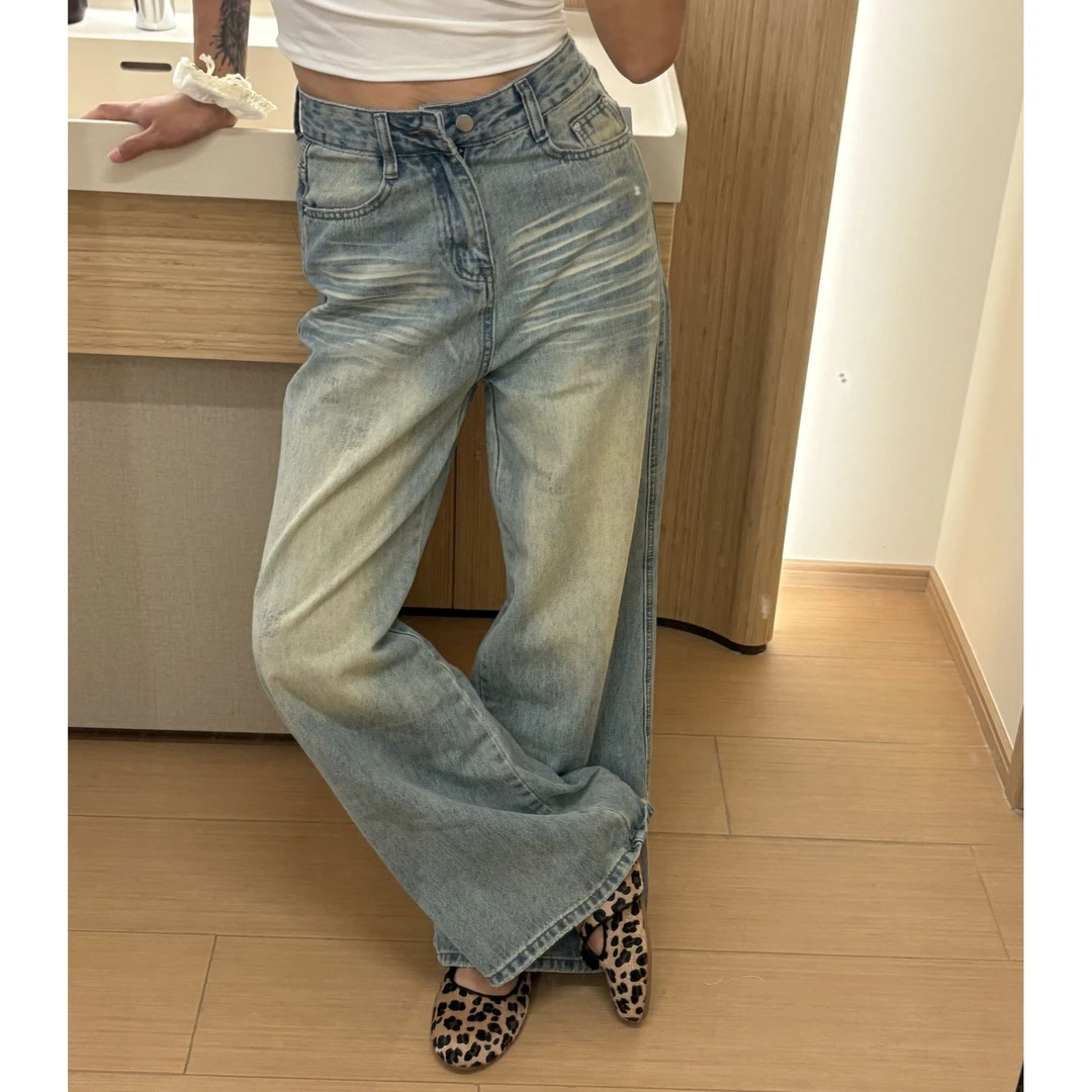 【古希腊牛仔】春季新款复古辣妹宽松做旧阔腿直通牛仔裤