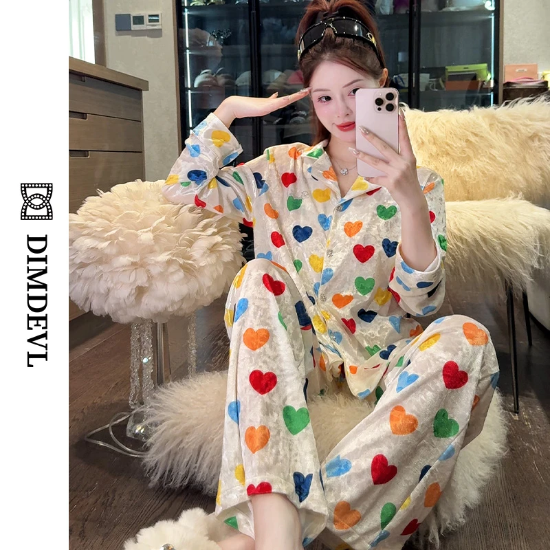 DIMDEVL/汀黛彩色爱心印花秋冬丝绒减龄感可外穿家居服睡衣套装女