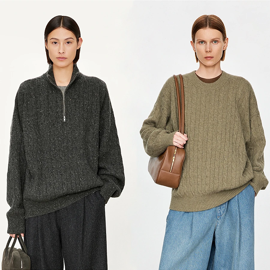 JOC高端纯羊绒/羊毛 老风复古绞花半拉链POLO/圆领廓形毛衣