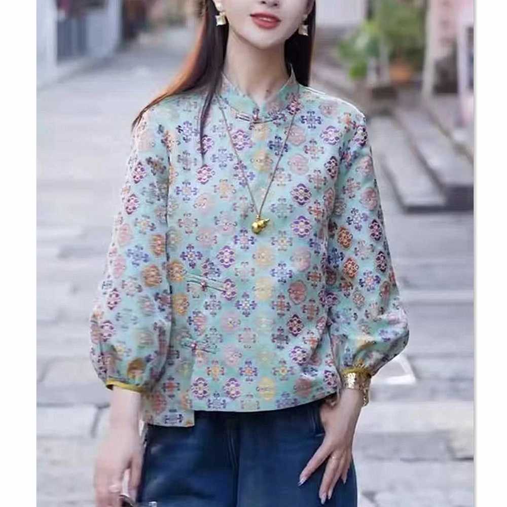 2025早秋新中式国改良斜襟立领提花衬衫女士洋气减龄唐装长袖上衣