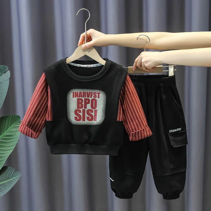 男童套装春季痞帅儿童时髦条纹拼接卫衣两件套宝宝春秋款炸街童装