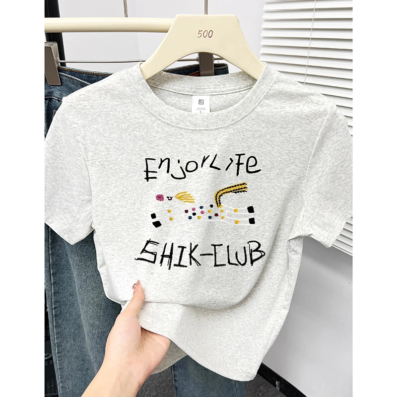 白灰色正肩短袖t恤女2025夏季时尚百搭小众独特圆领印花显瘦上衣