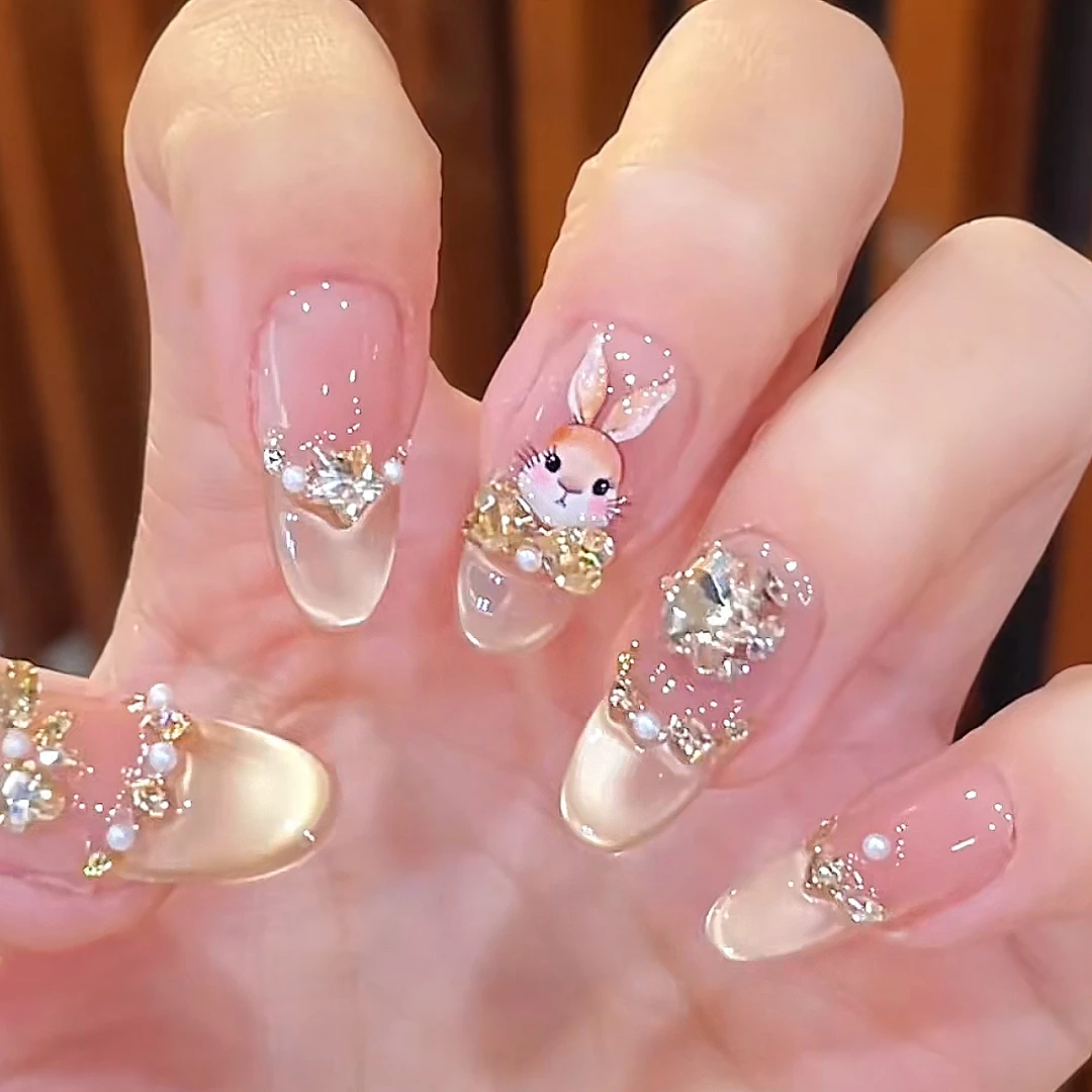 【香槟兔兔】纯手工穿戴甲爆款豹纹美甲显白气质法式猫眼款美甲新