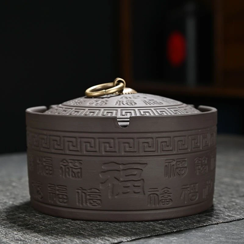 紫砂烟灰缸烟缸复古带盖百福高档轻奢创意大气家用新防飞灰防烟味