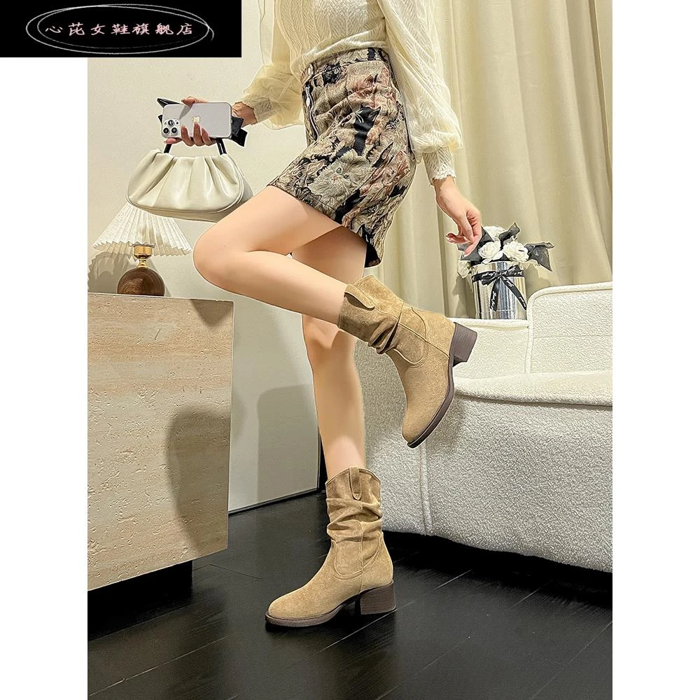 心芘小个子百搭内西部牛仔靴秋冬季新款美拉德堆堆短靴中筒马丁靴