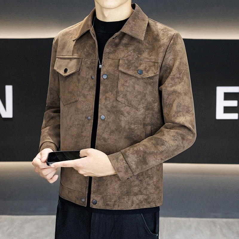 2025潮流新款男士翻领PU水洗皮不易变形不易掉色手感舒适易打理