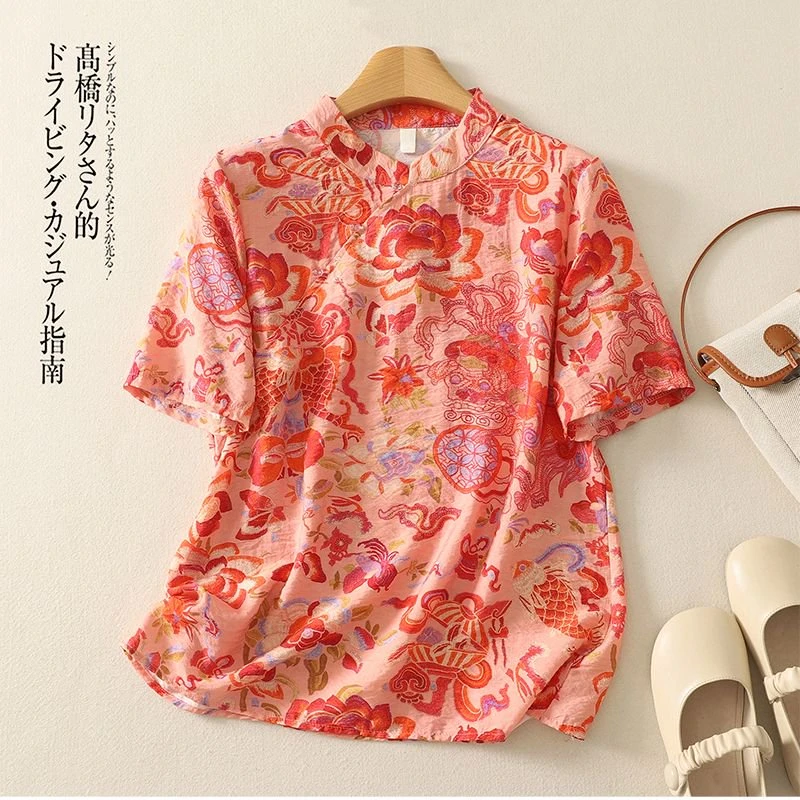 9253#中国风印花斜襟成人茶服民族风衬衫文艺立领花色宽松