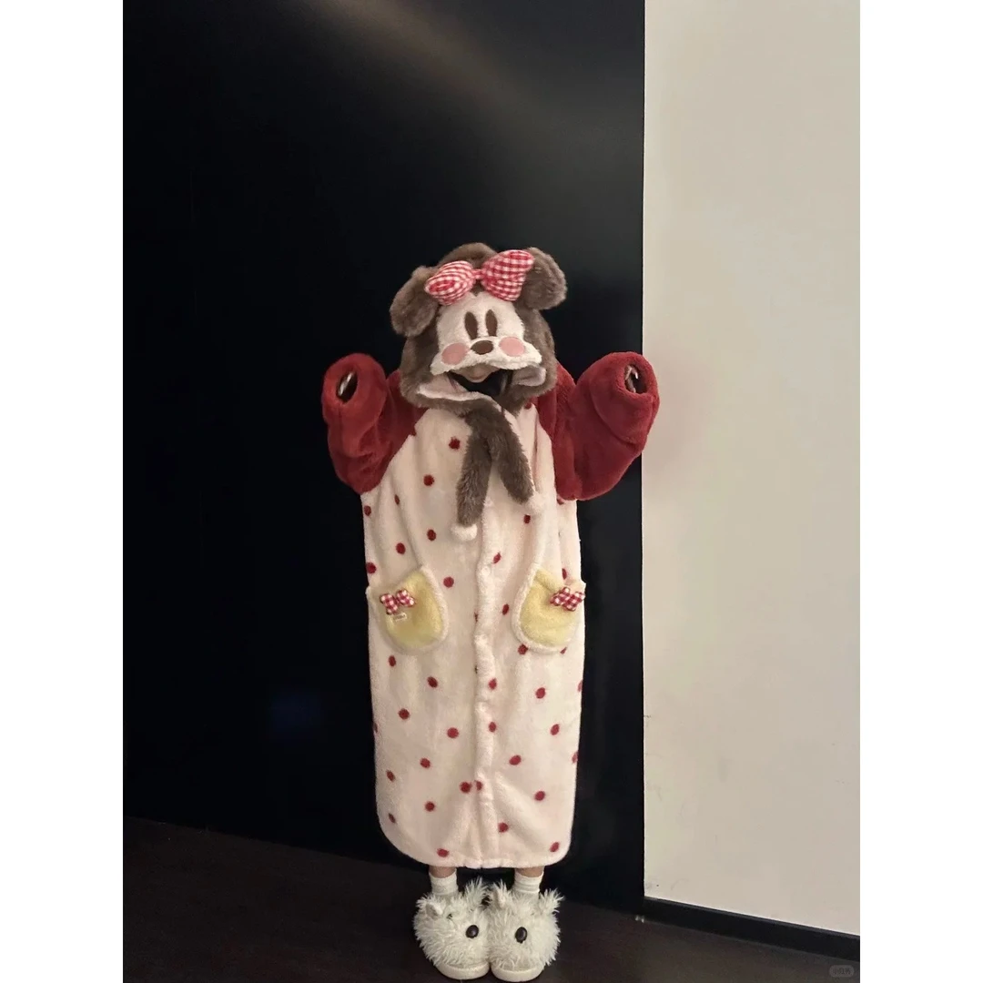 韩系可爱米妮连帽珊瑚绒睡袍睡衣女冬季新款加厚保暖睡裙家居服