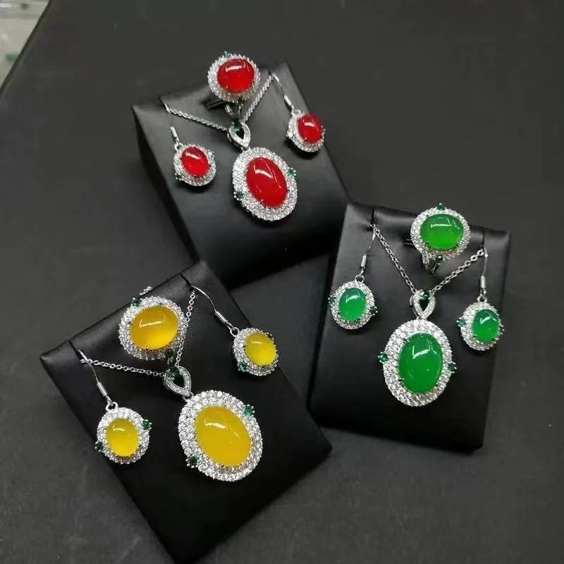 祖母绿（处理）时尚饰品套装爆款大气墨绿首饰直播热卖三件套