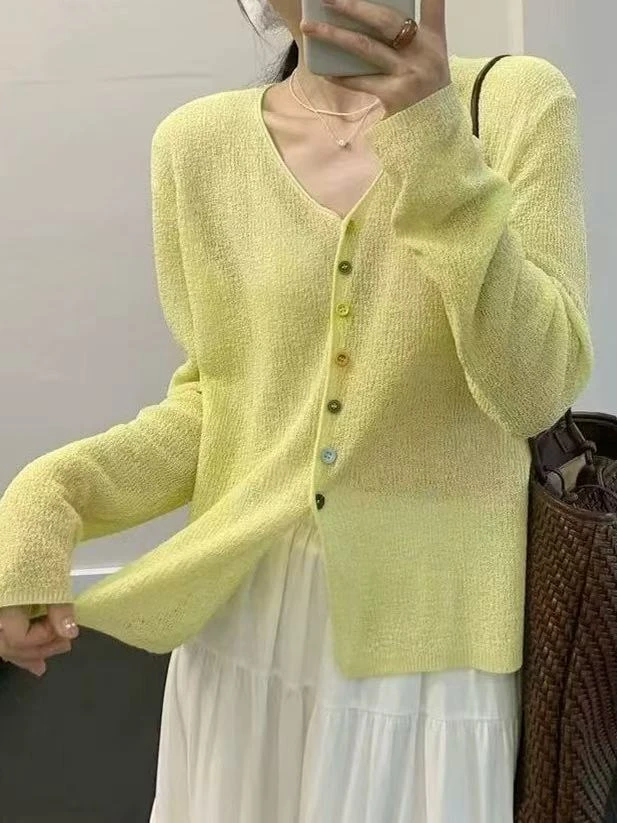 彩扣/夏季纯色高级感薄款气质冰感针织防晒开衫041604