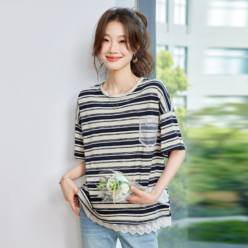 夏季新款大版条纹t恤爆款正品洋气高档高贵气质上档次高级小众女