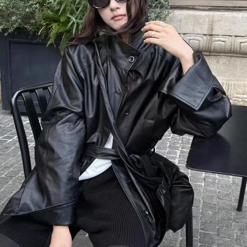 11888/1200 皮衣外套女秋季新款宽松复古中长款夹克高级感机车服
