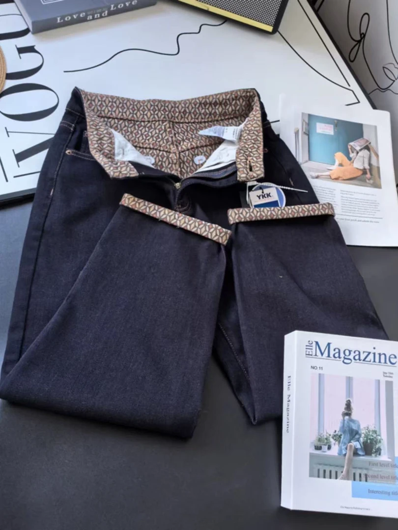 5515芭莎全棉复古蓝牛仔裤拼接花纹哈伦欧美大筒裤高腰显瘦大长腿