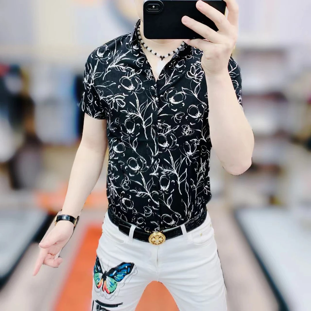 阿凯严选  欧洲站夏季新款男装冰丝痞帅个性衬衣网红修身短袖衬衫