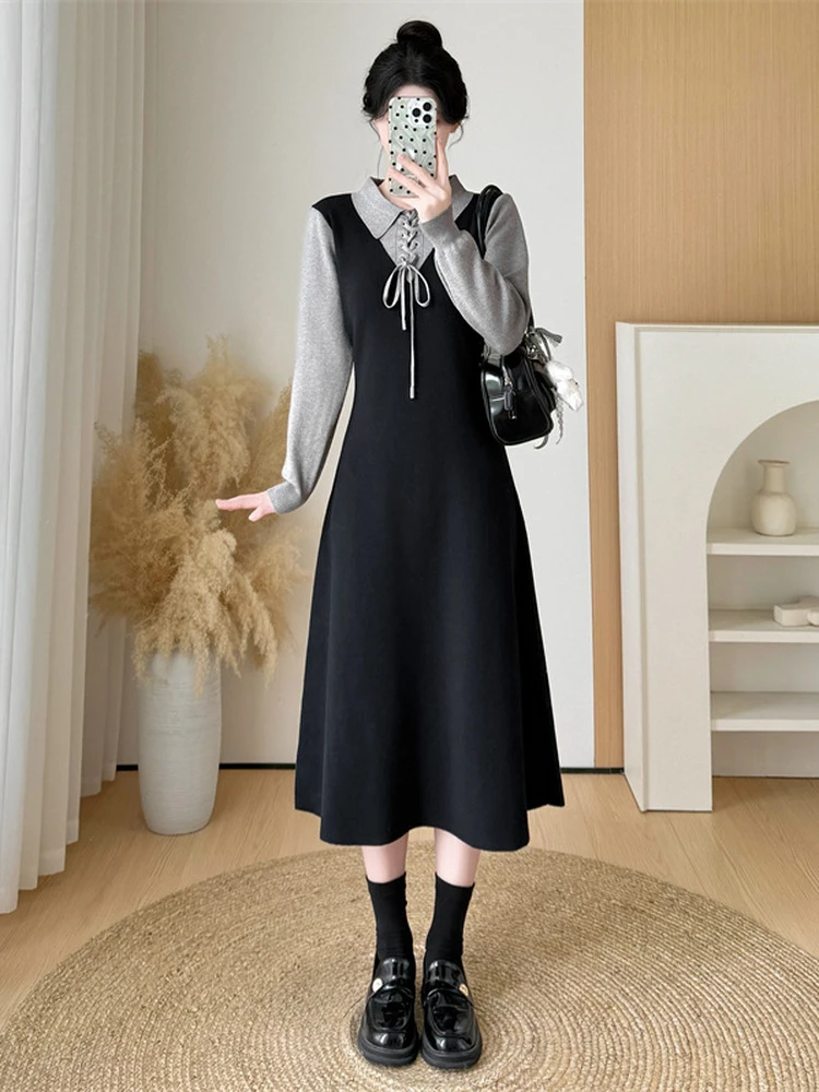 法式复古学院风假两件针织连衣裙女新款秋冬收腰显瘦小个子裙子