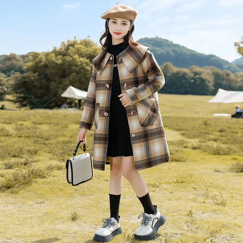女童新款毛呢外套2024韩版中长款洋气时尚冬季英伦风呢子大衣外套