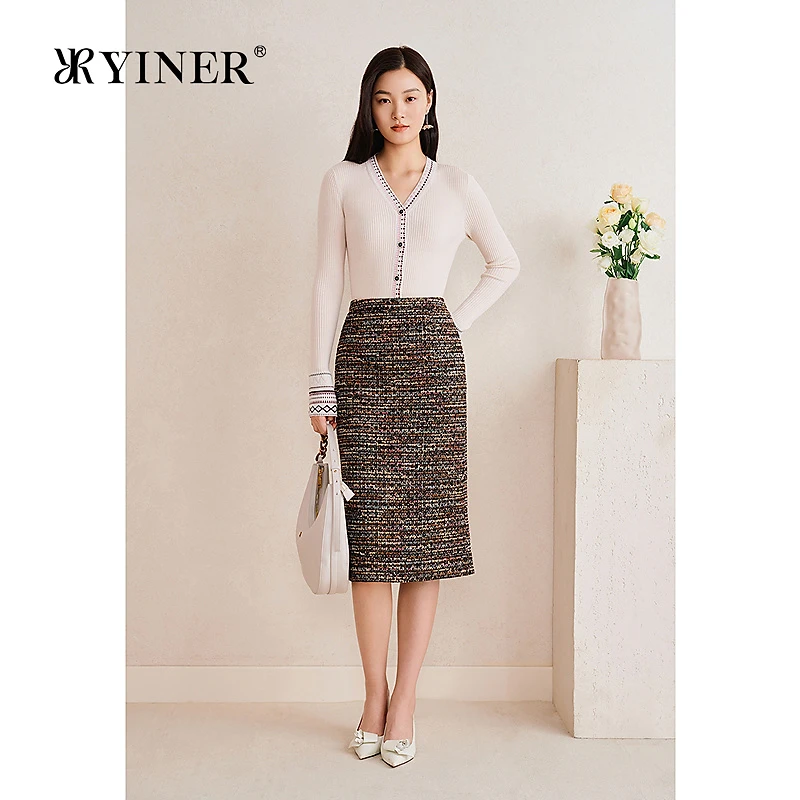 YINER音儿专选2025春季新款渐变段染经典粗花呢高腰直筒半身裙