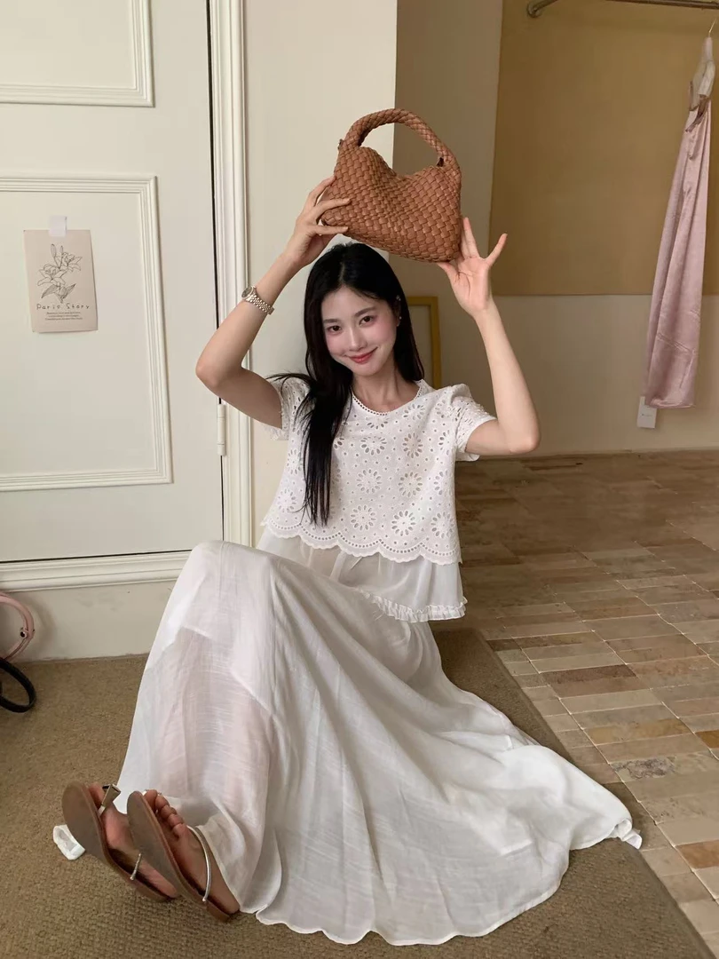 【NO退NO换】韩系蕾丝边重工绣花假两件小衫1289   衣长55