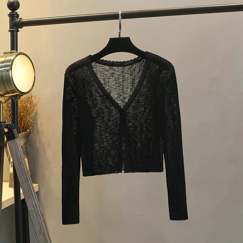 薄款针织冰丝开衫女长袖夏季外搭短款空调衫防晒小披肩上衣女罩衫