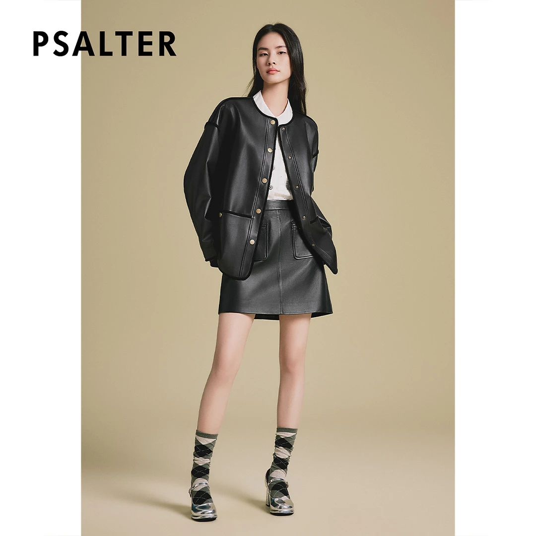 诗篇专选一手长廓形版落肩时尚圆领皮衣外套2025秋冬季