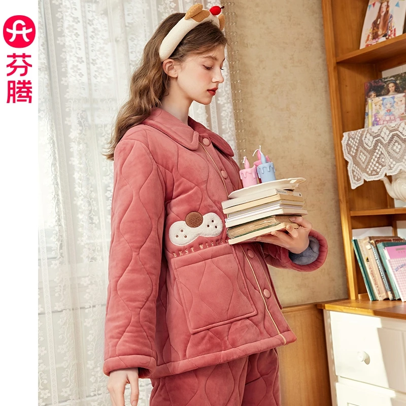 芬腾夹棉睡衣冬款芬腾三层加厚可外穿男女家居服套装