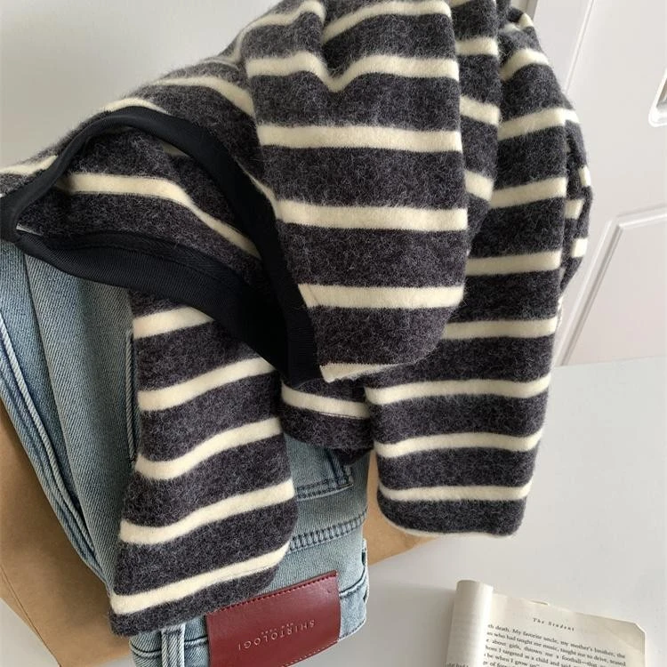 磨毛条纹长袖t恤女秋冬新款内搭加厚毛衣慵懒宽松chic打底衫上衣