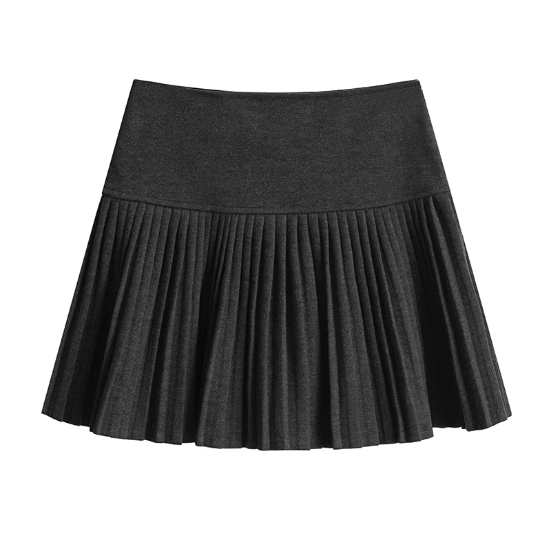 拉夏贝尔学院风灰色百褶短裙女秋冬小个子百搭高腰毛呢a字半身裙
