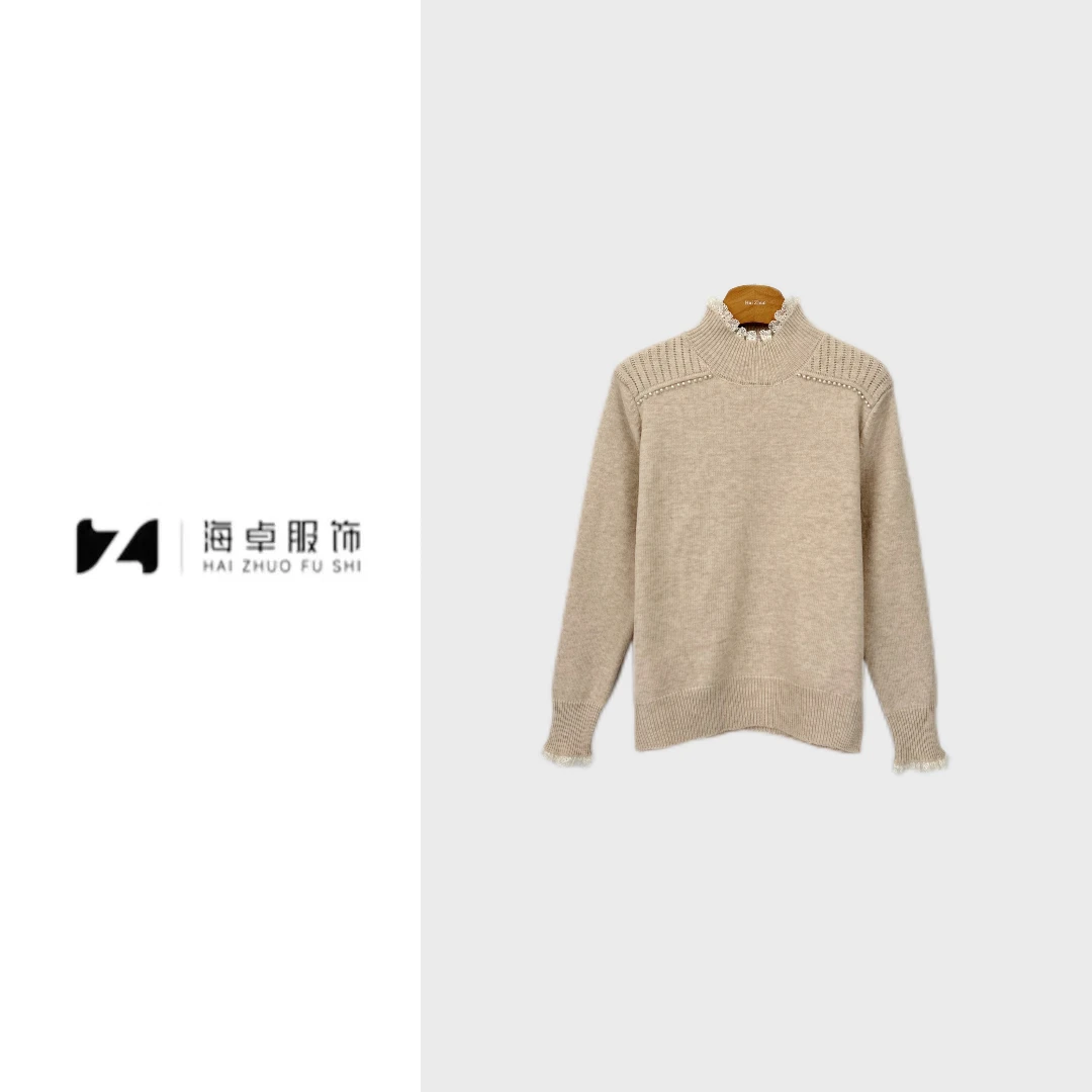 海卓-蕾丝木耳边设计针织肩膀珍珠半高领加厚毛衣减龄内搭上衣