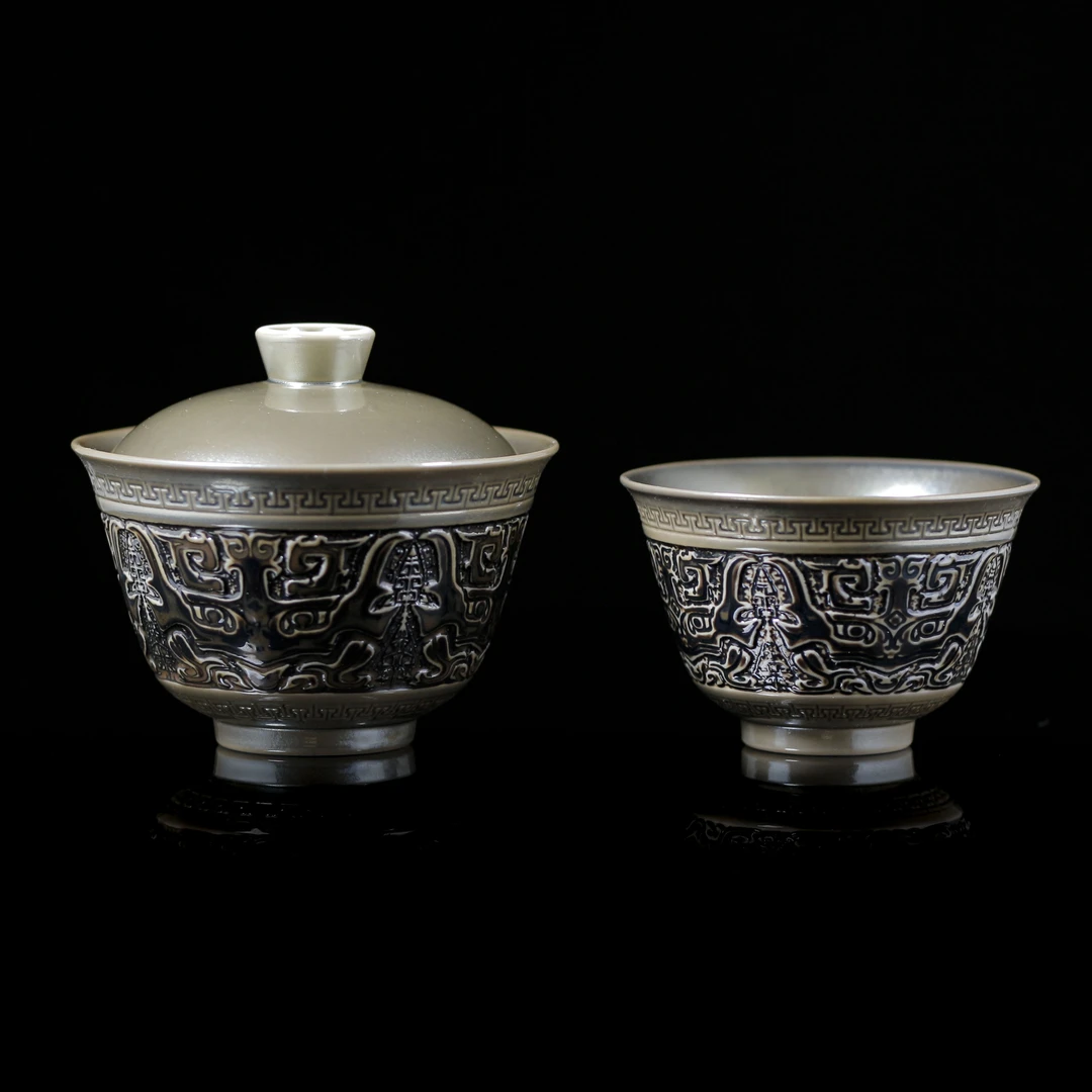 【晚晚精选】161柴房雕刻纹星灰色套组 （送狮子+杯垫+盖置）