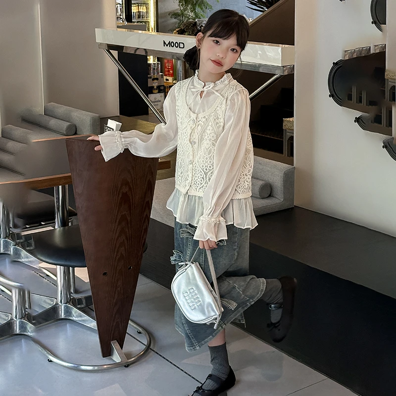 女童2025春季新款洋气蕾丝雪纺衬衣6-12岁15中大童小女孩百搭衬衫