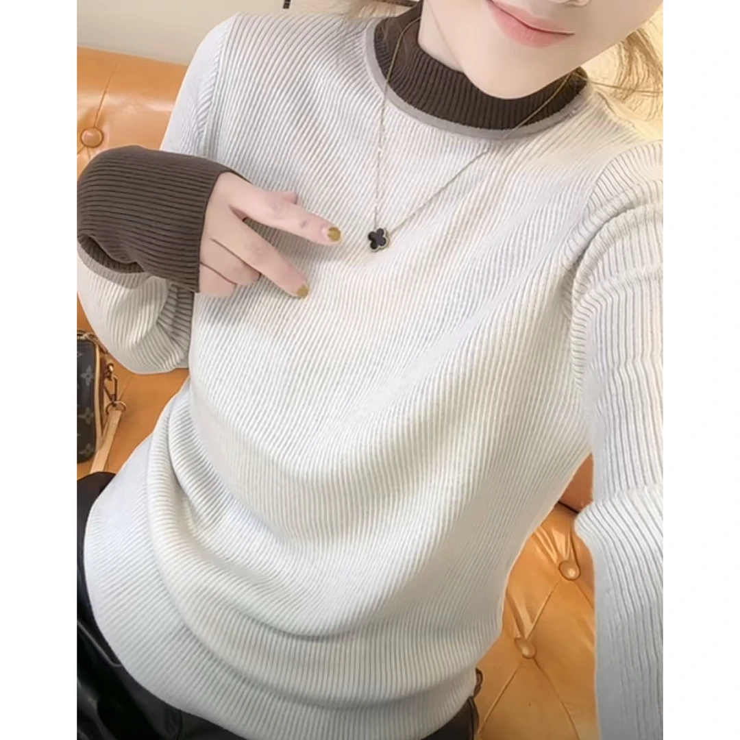 今年流行穿搭2025秋冬新款温柔风拼接拼色常规款毛针织衫百搭上衣