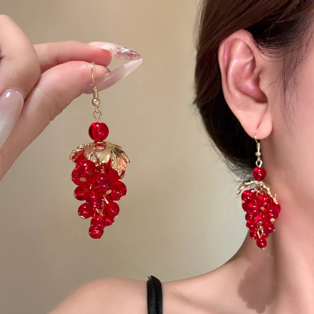 铜合金亚克力耳饰水晶树叶葡萄吊坠耳钩女欧美复古设计感耳环轻奢