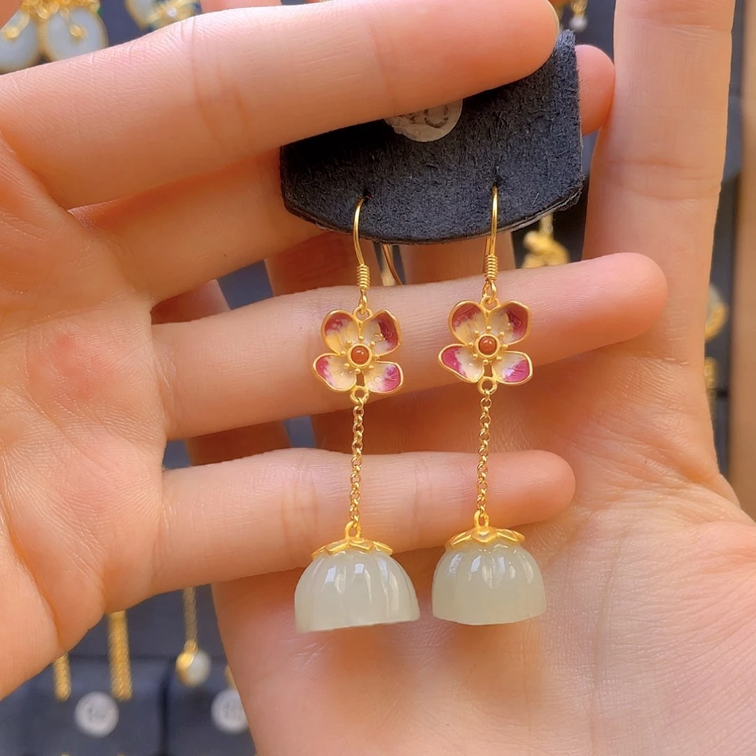 和田玉耳饰银S925镀金镶嵌