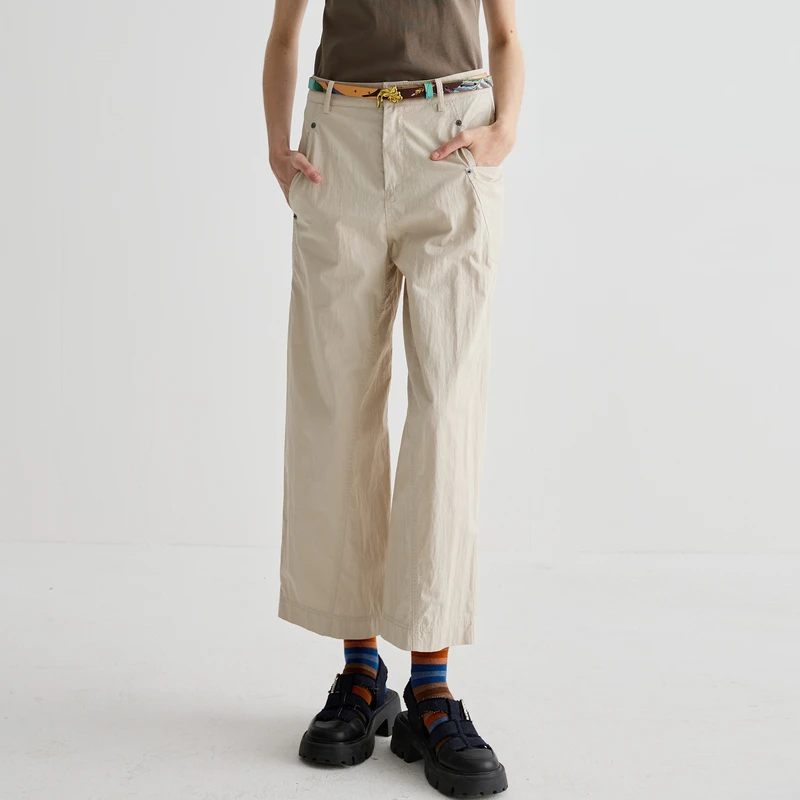 谜底休闲裤女2025夏季新品通勤立体撞钉宽松直筒九分裤252MK0531