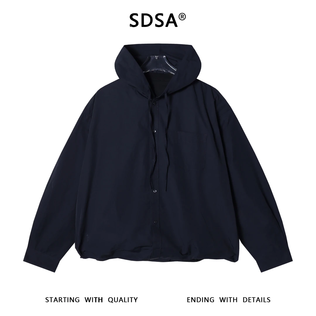 SDSA男士秋冬新款痞帅男装极简风纯色连帽衬衫时尚百搭宽松衬衣