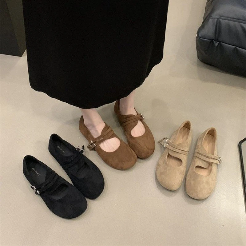 2025秋季磨砂皮勃肯鞋女复古圆头玛丽珍鞋单鞋浅口低帮平底奶奶鞋