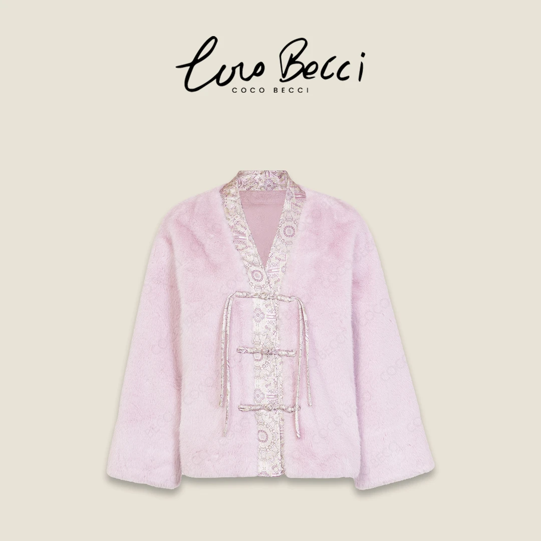 COCO BECCI【紫月幽兰】印花国风盘扣毛毛拼接短外套CFLJD200338