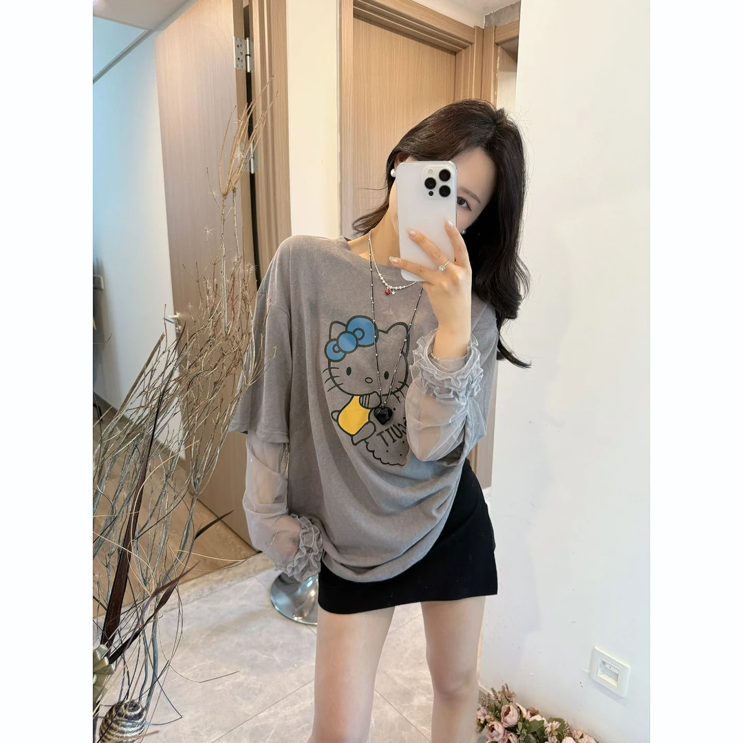 2025春夏新款宽松拼接假两件卡通KT印花长袖T恤上衣百搭中长款女