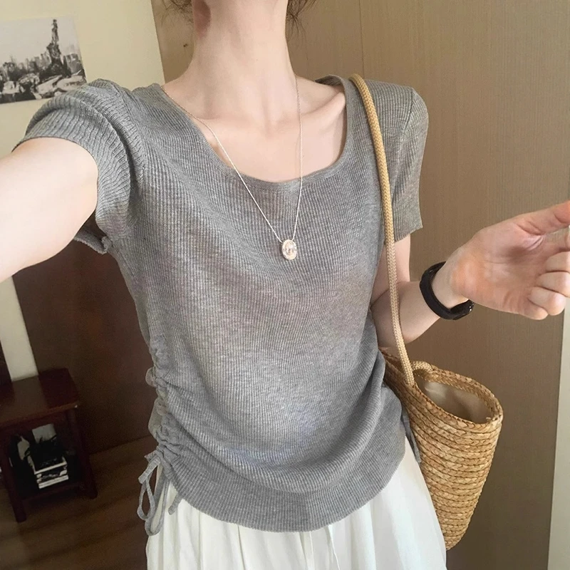 灰色方领冰丝针织短袖t恤女夏季抽绳体恤衫修身显瘦正肩绝美上衣