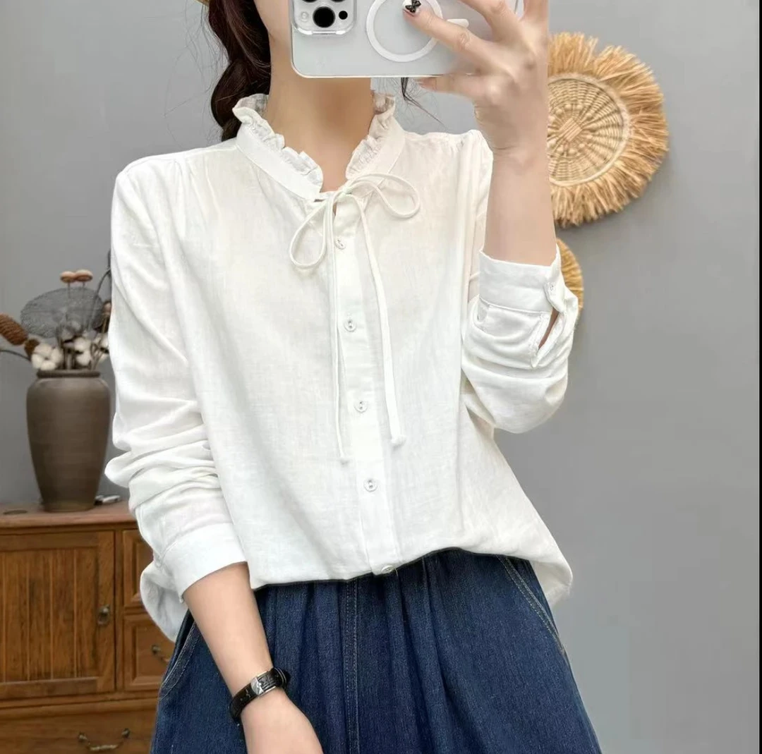 2025春季新款木耳边领双层棉纱衬衫女法式系带衬衣长袖打底衫百搭