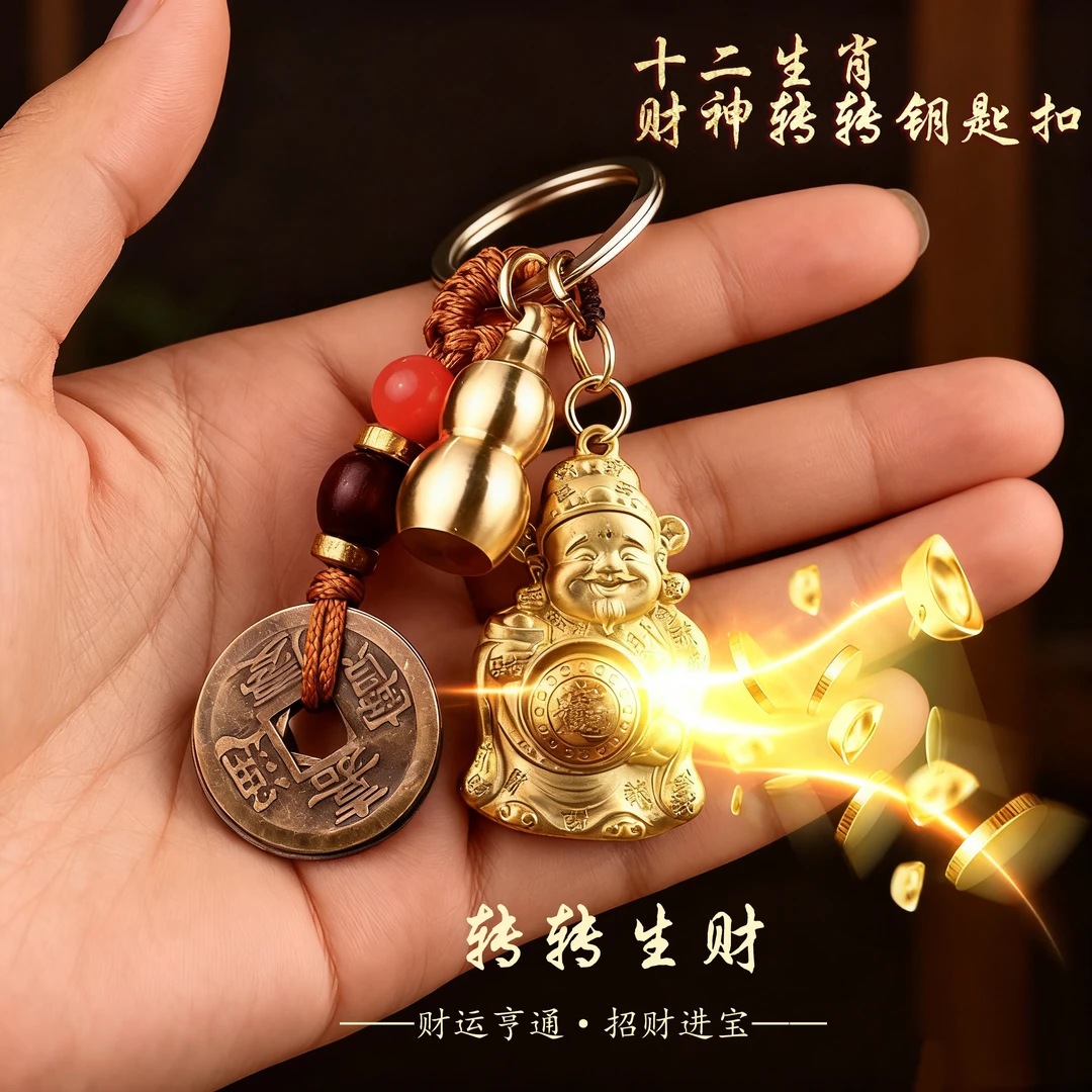五台山手作.日进斗鑫生肖财神爷转转钥匙扣驾车用品