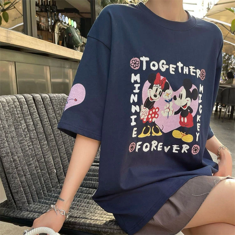 多巴胺服装女米奇字母花朵印花短袖t恤新款宽松大版小个子上衣夏