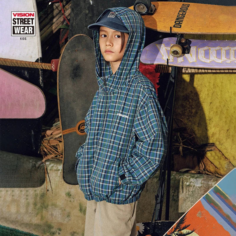 VISION KIDS 美式街头定织格纹宽松连帽开衫夹克外套男女童装25春