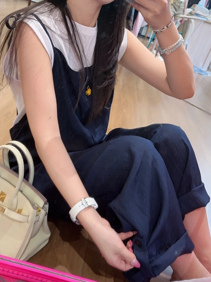 xxxwxz王希之  藏青色宽松休闲吊带连体裤#z2199