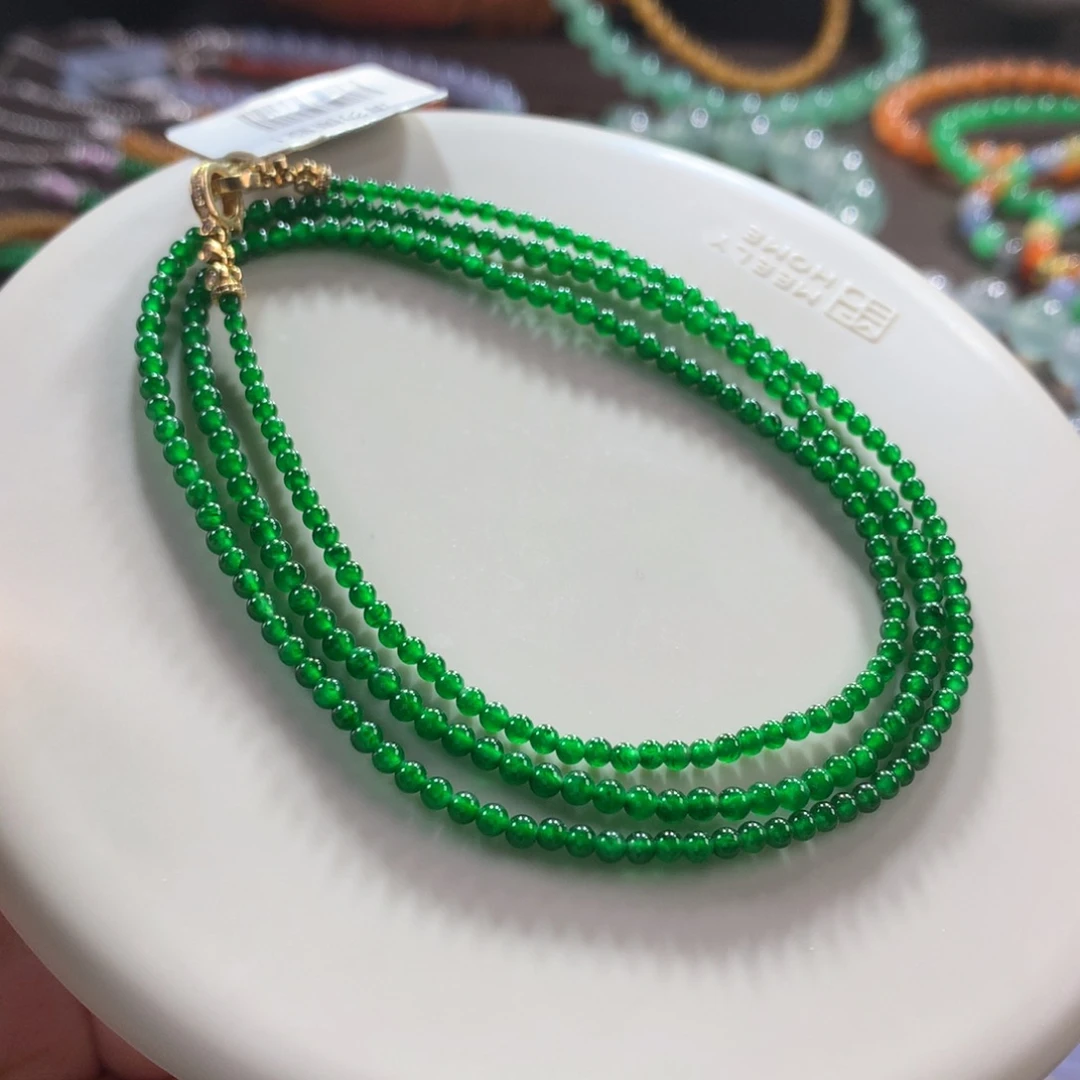翡翠未镶嵌手链高种高色小帝绿小米项链 卡2~2.78