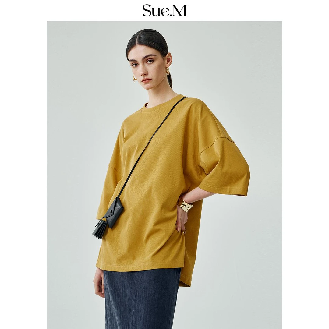 Sue.m进口长绒棉南瓜短袖t恤 宽松廓形落肩七分袖圆领t恤上衣女